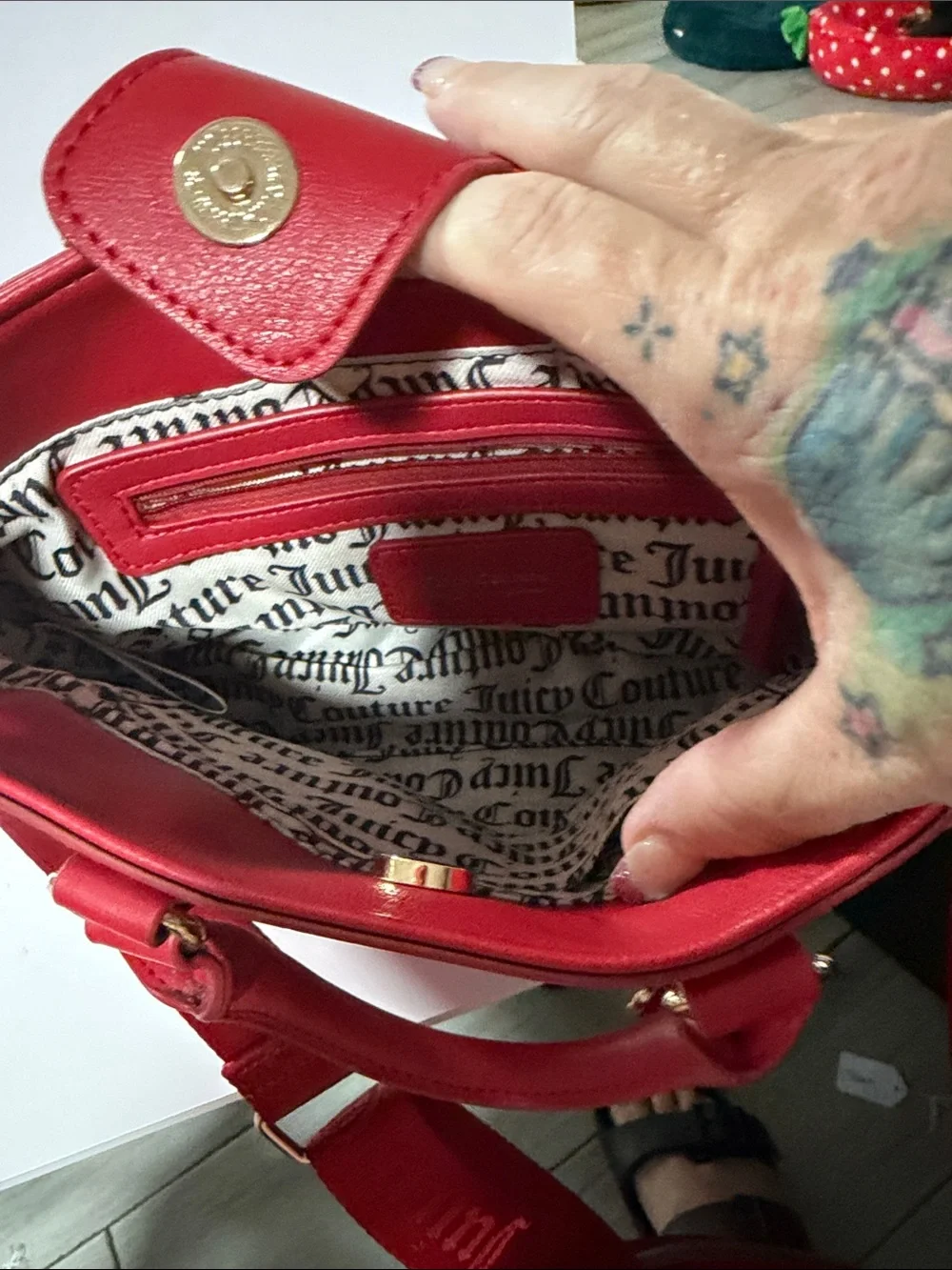 Juicy Couture Red Heart-Embossed Crossbody Satchel with Gold Charm